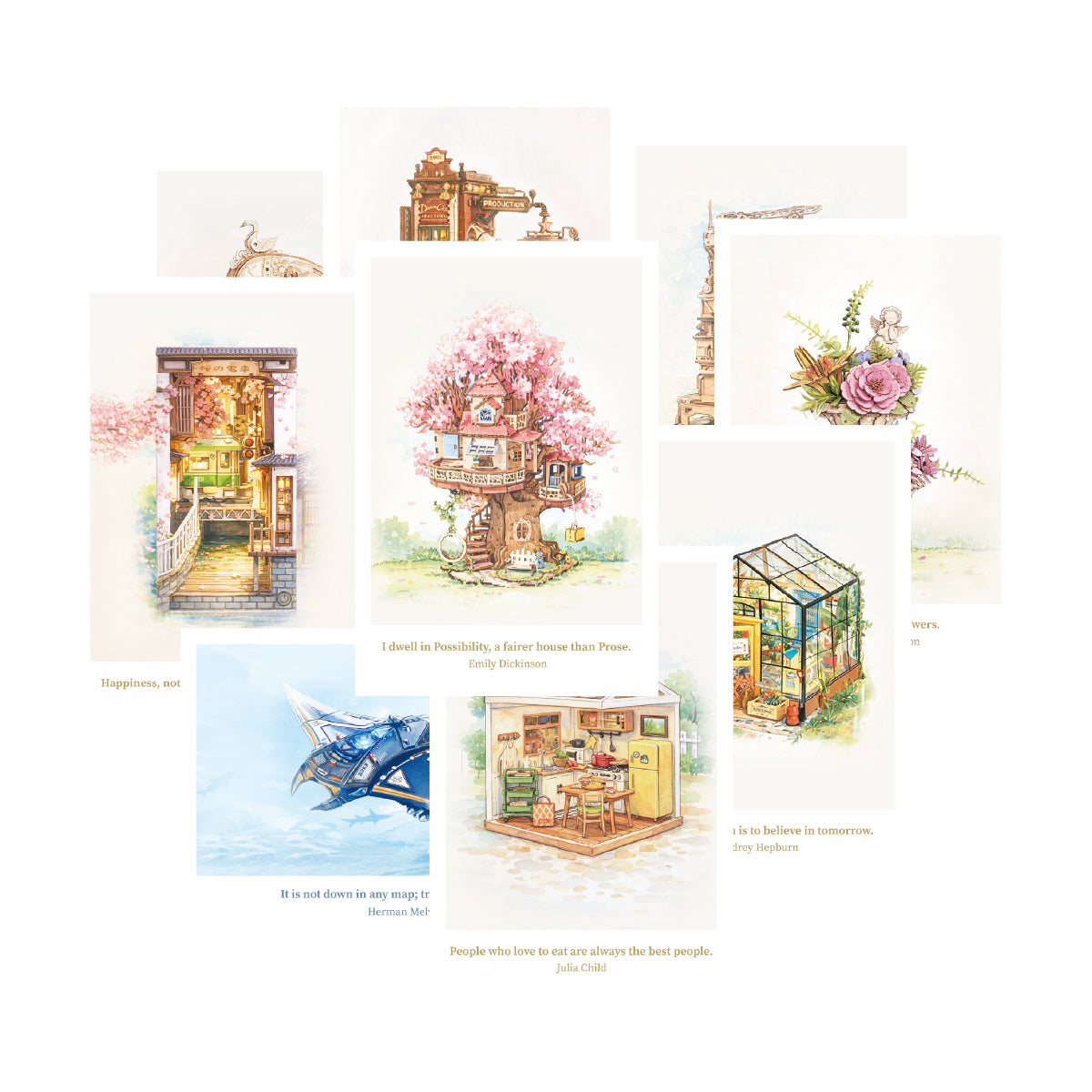 Collage of delicate Rolife miniature and floral art prints on white