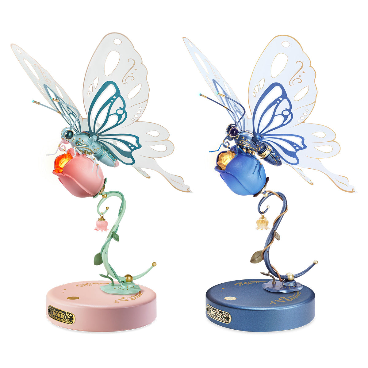 ROKR Butterfly mechanical puzzle pink and blue colour variants displayed side by side on white background showing both