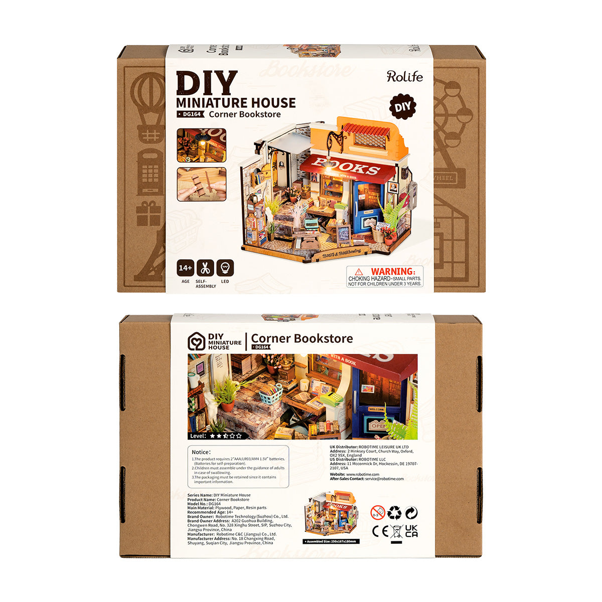 Front and back of the Rolife Corner Bookstore DIY Miniature House retail box in brown kraft cardboard showing product contents and assembly preview