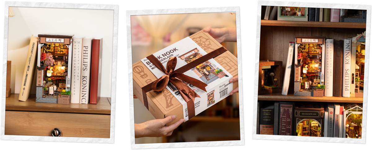 Rolife book nook DIY kit gift set collage showing a finished nook on a shelf, a boxed kit tied with ribbon, and a lit book nook in a bookcase