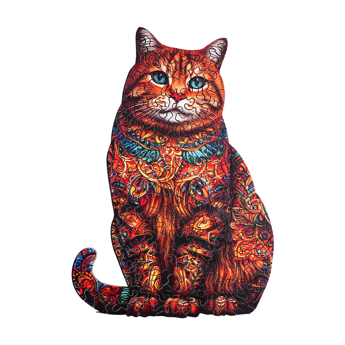 Robotime shaped jigsaw puzzle of a seated cat covered in intricate orange and red paisley patterns