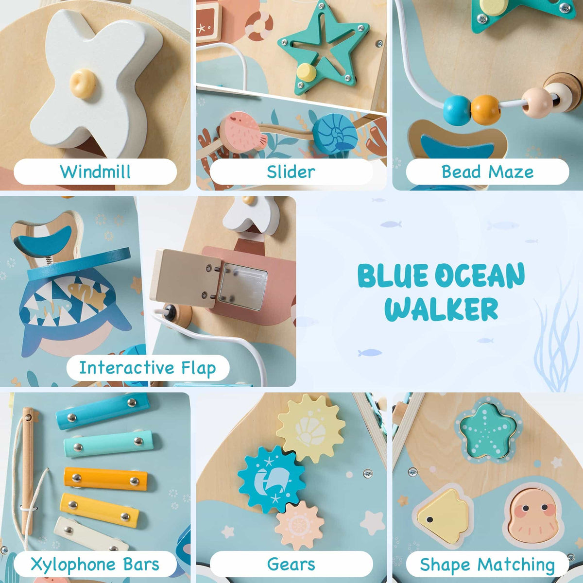 Robud baby push walker, feature callouts and dimensions
