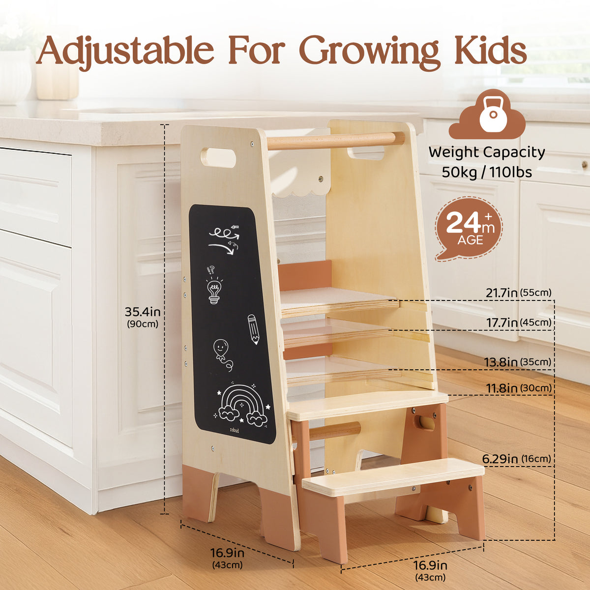 ROBUD Toddler Standing Tower size diagram with dimensions showing adjustable natural wood learning tower with chalkboard panel and step stool