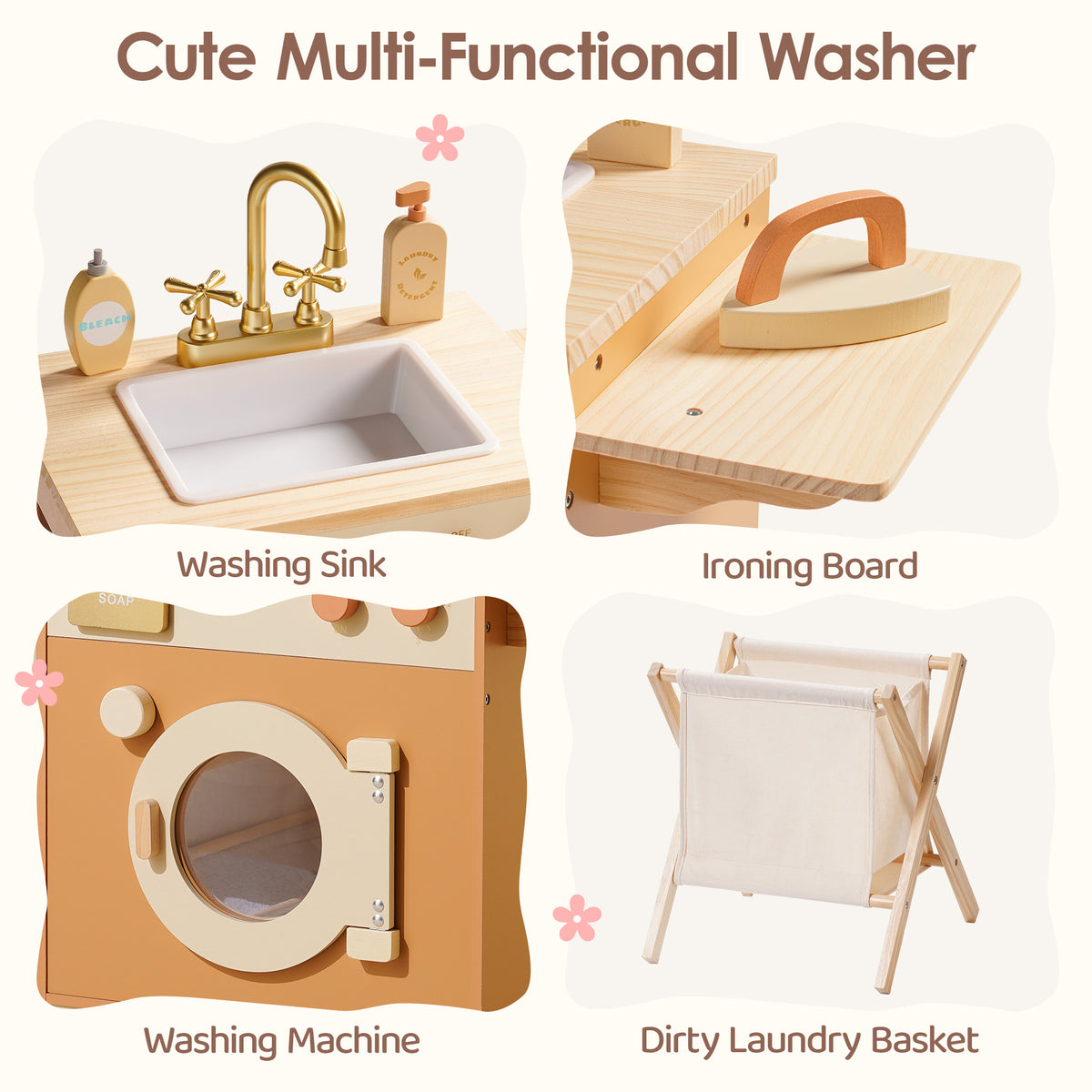 ROBUD Caramel Wooden Laundry Playset feature panel showing washing sink, washing machine, ironing board and dirty laundry basket