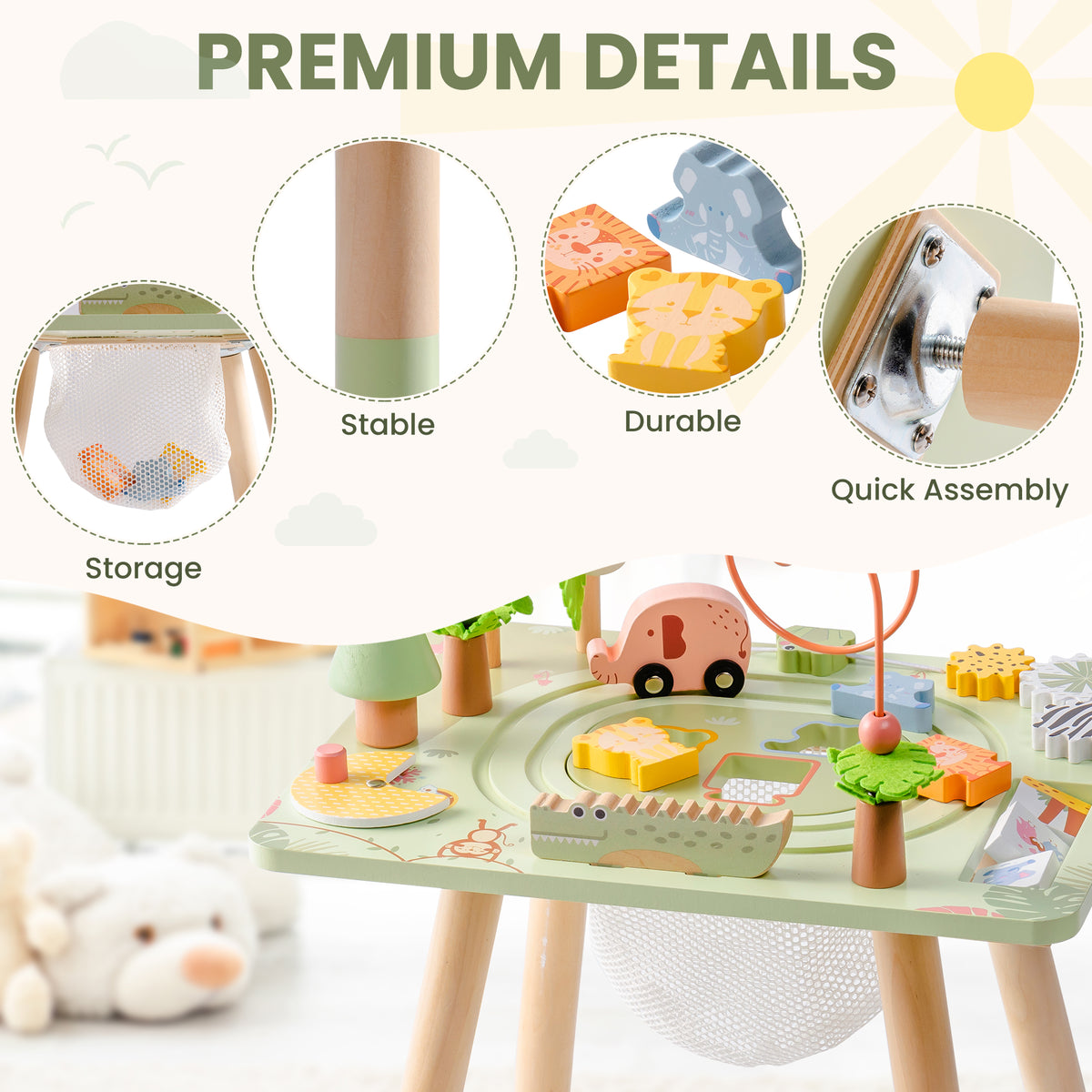 ROBUD 11 in 1 Wooden Rainforest Activity Table premium details showing stable legs, durable panels and quick assembly feature