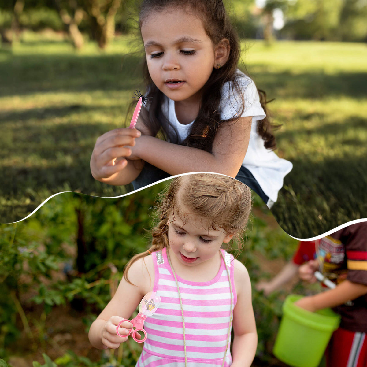 Two girls exploring outdoors with the ROBUD pink explorer kit, one examining a stick and another wearing the magnifying jar as a necklace binocular in a garden