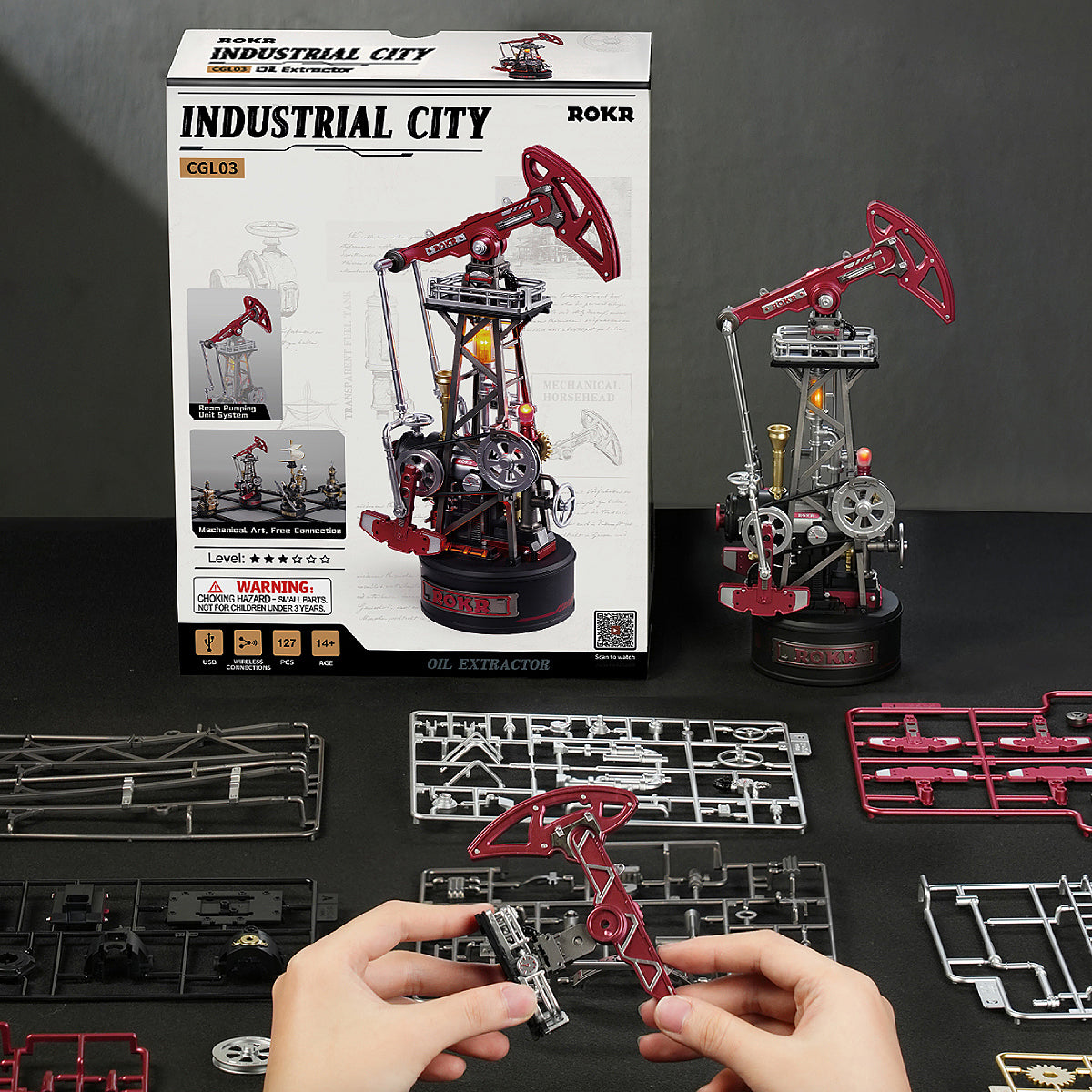 ROKR Oil Pump Jack Mechanical 3D Puzzle CGL03 3D wooden puzzle model, detail of decorative elements and finish