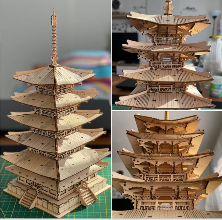 Rolife Five-storied Pagoda TGN02 3D wooden architecture puzzle, side profile detail shot