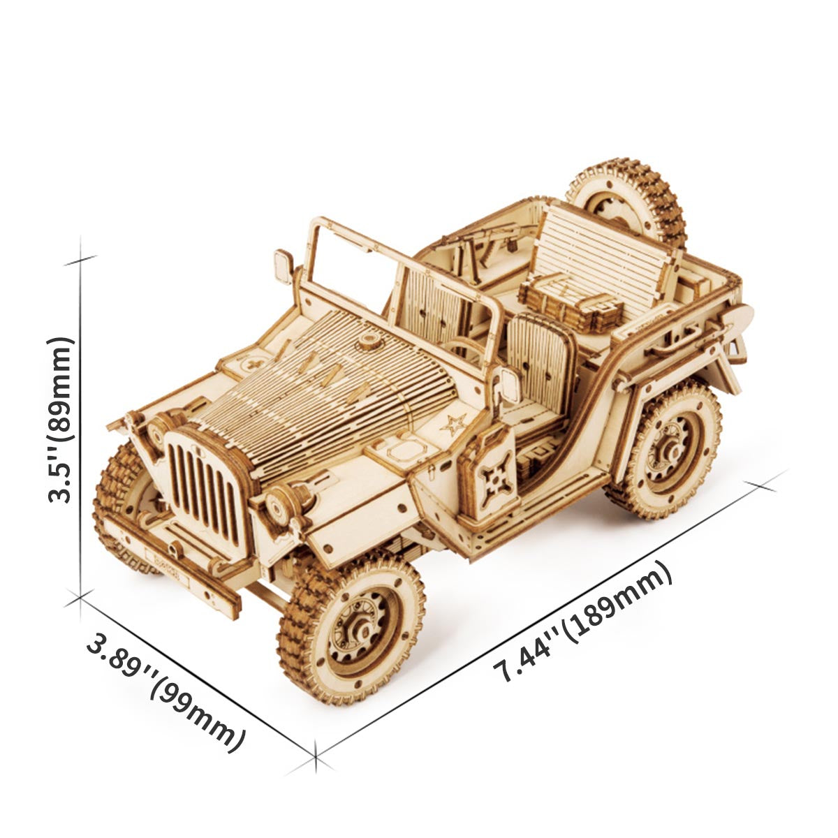 ROKR Army Jeep 3D wooden puzzle dimensions diagram with measurements 7.44 by 3.89 by 3.5 inches labeled