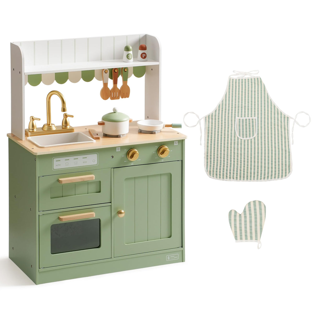ROBUD Olivia green wooden play kitchen standalone product view with striped apron and oven mitt accessories beside it