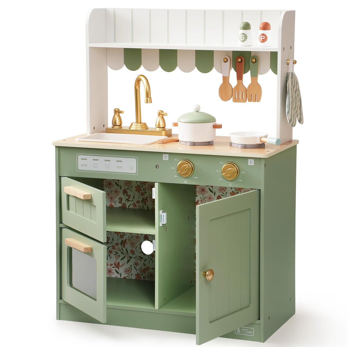 ROBUD Olivia green wooden play kitchen front view with hanging utensils on white backsplash and open lower storage shelf