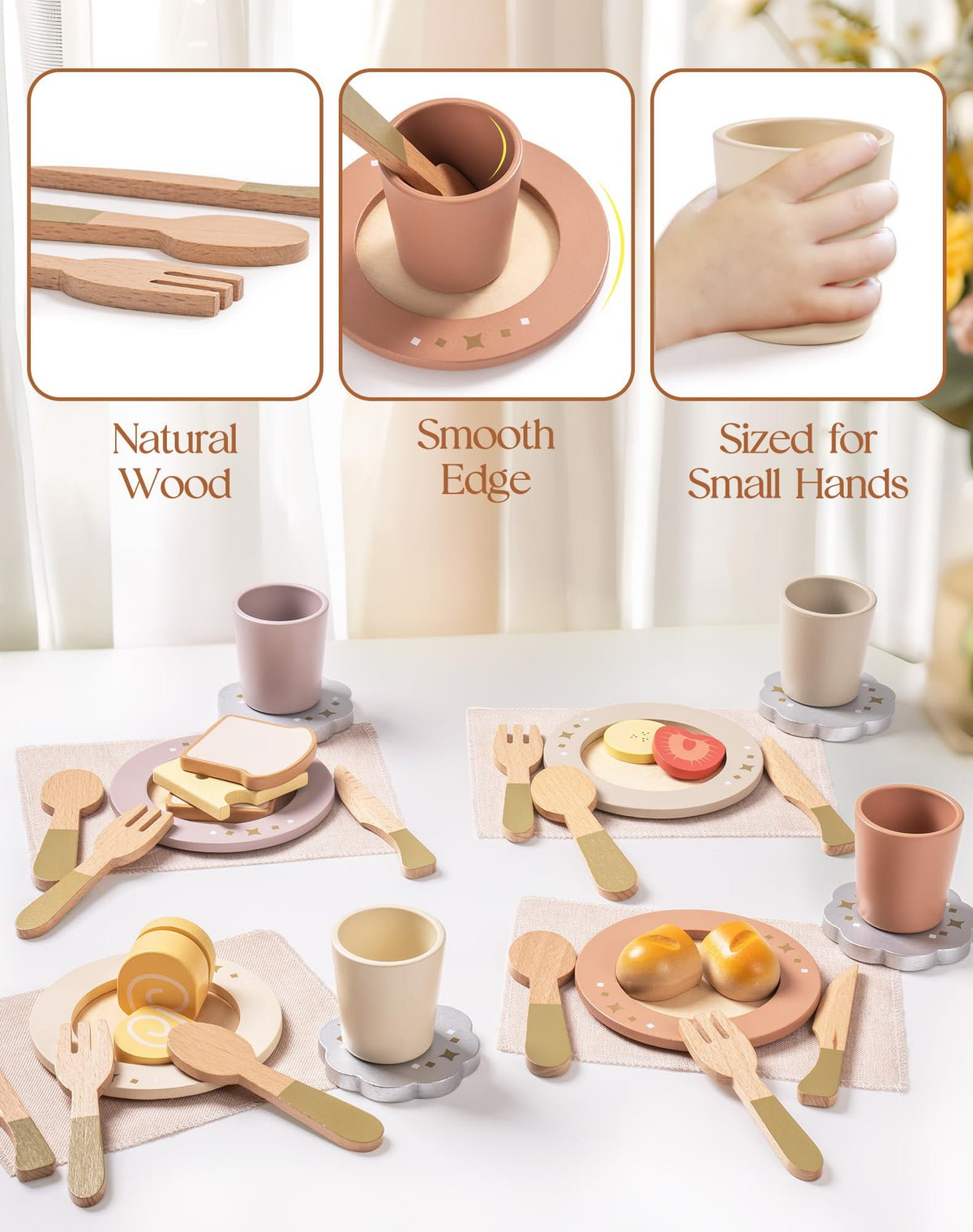 ROBUD wooden play dishes feature card highlighting natural wood, smooth edges and child-friendly sizing