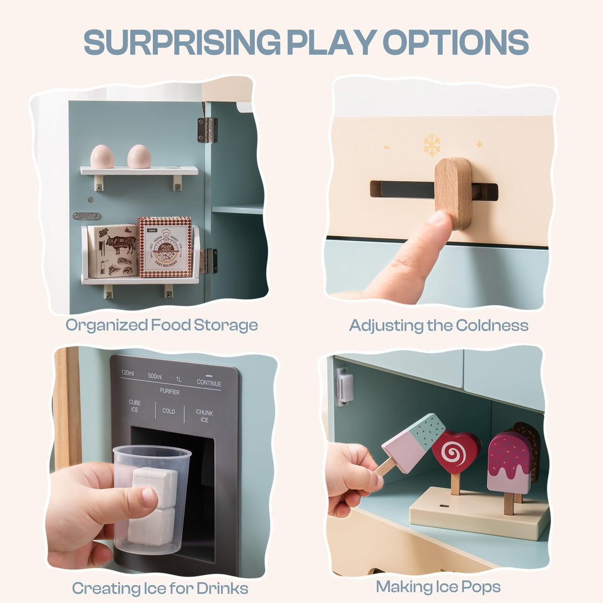 Robud Wooden Play Fridge Freezer Set for Kids 3D wooden model kit, close-up of intricate laser-cut parts