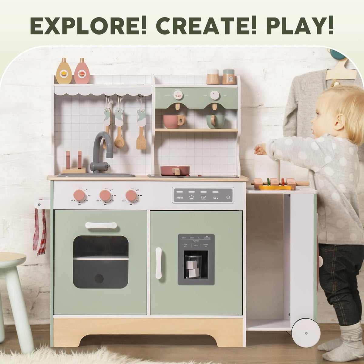 Robud wooden play kitchen expandable, angled view showing front and side