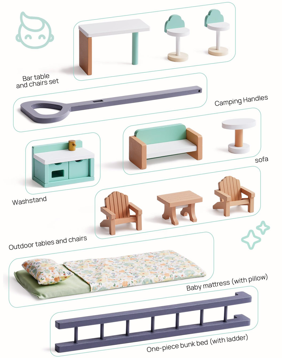 Robud wooden camper van dollhouse, feature callouts and dimensions