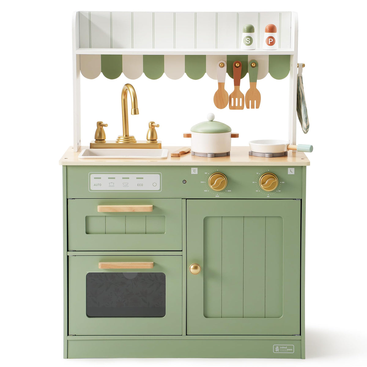 ROBUD Olivia green play kitchen angled view showing gold faucet, round knobs and oven door with floral panel accents