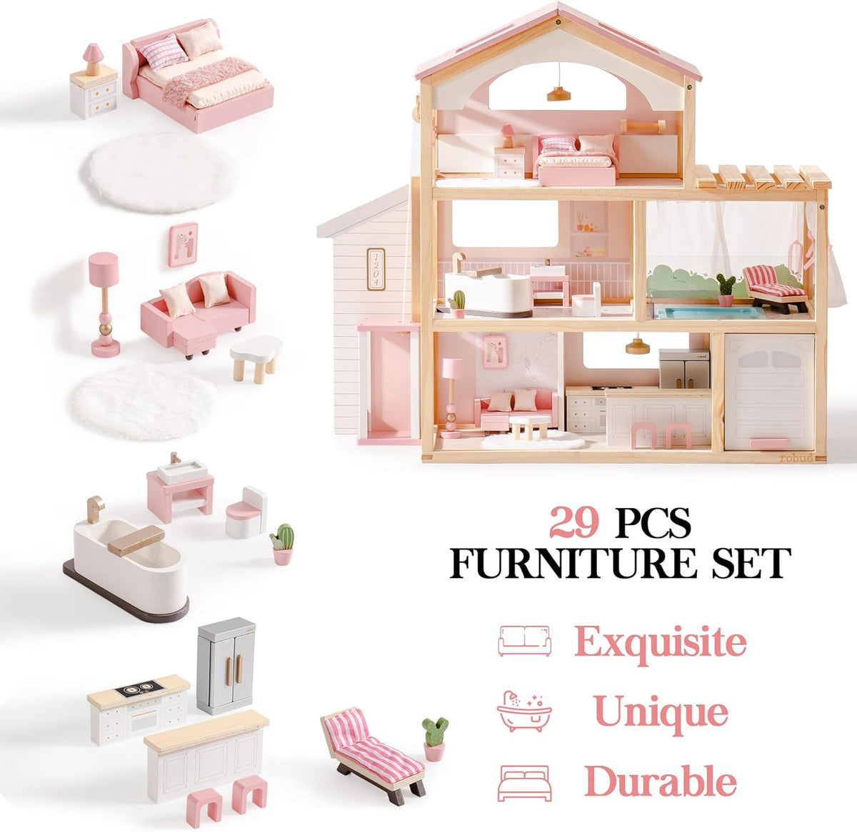 ROBUD wooden dollhouse feature card showing 29-piece pink furniture set with exquisite unique and durable labels