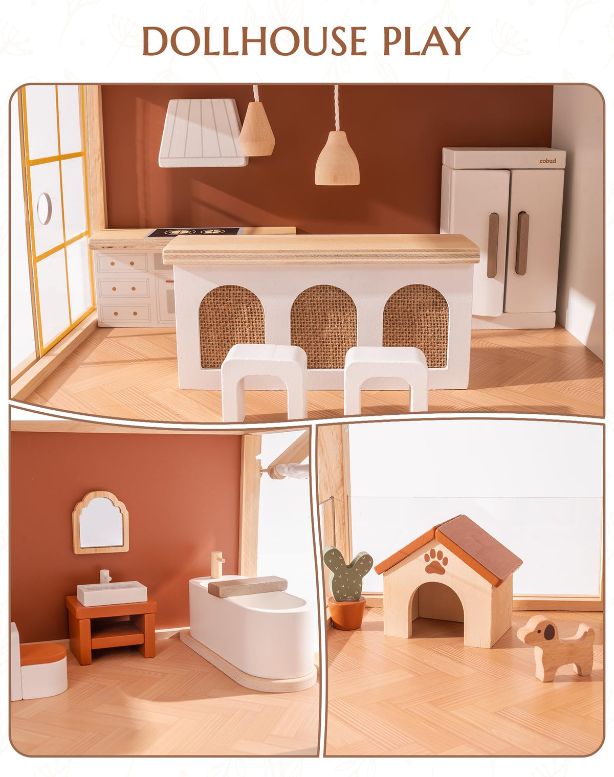 Robud wooden dollhouse bohemian, lifestyle shot in home setting