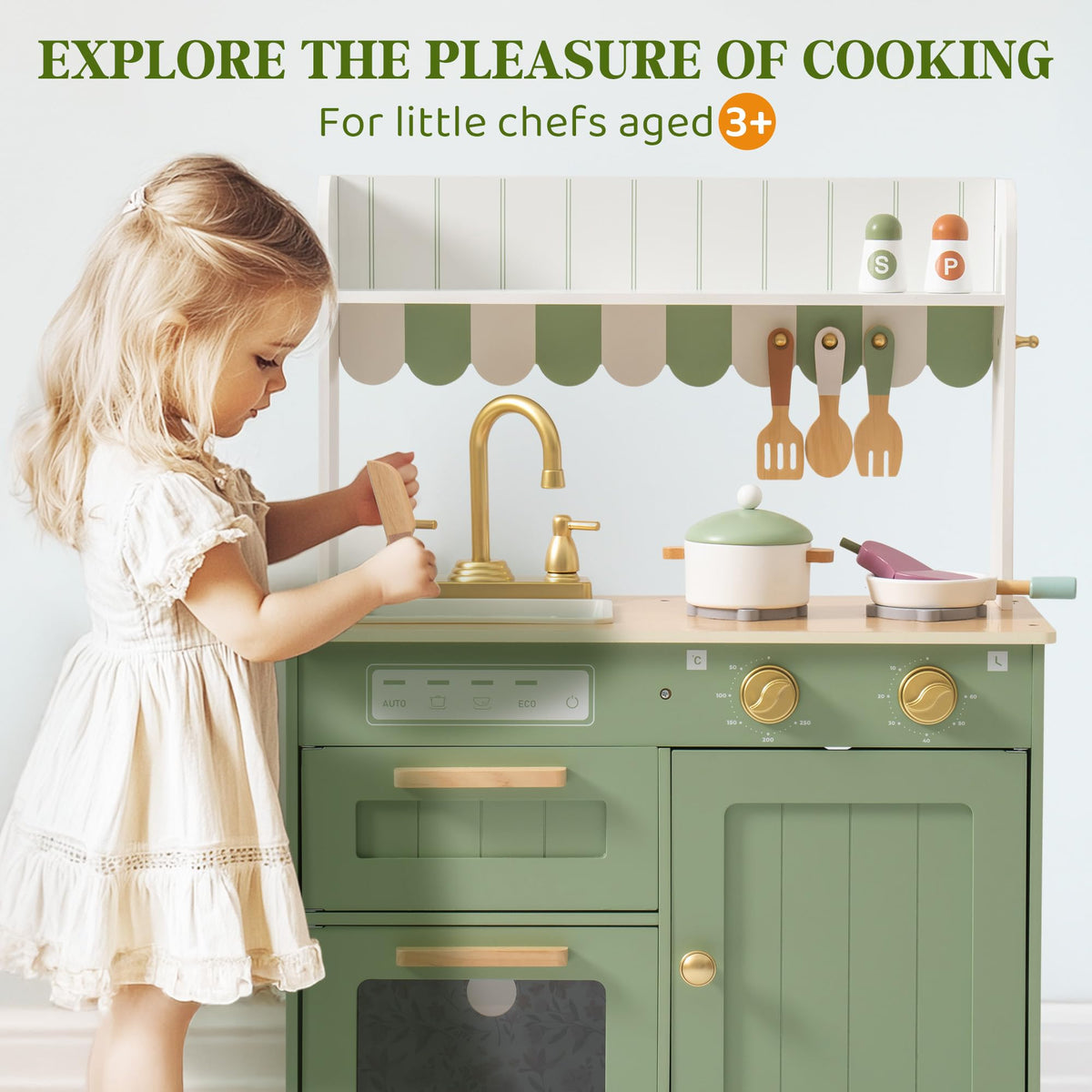 ROBUD Olivia green kids play kitchen lifestyle shot with girl stirring a pot, headline promoting cooking play for ages 3 plus