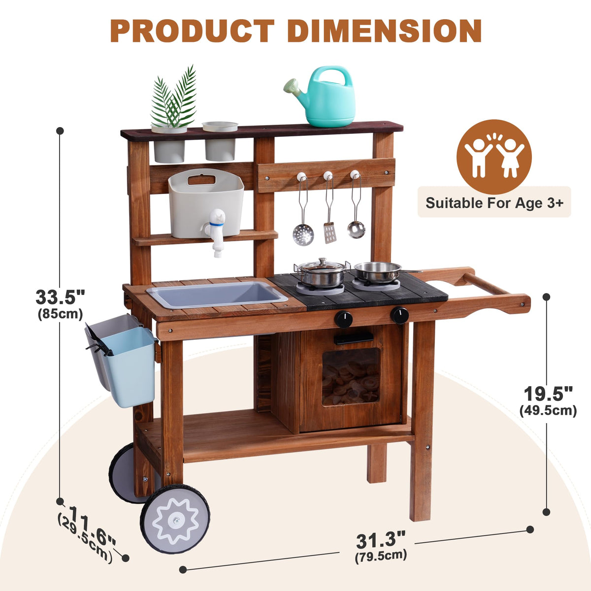 Robud outdoor wooden play kitchen mud, size and scale comparison