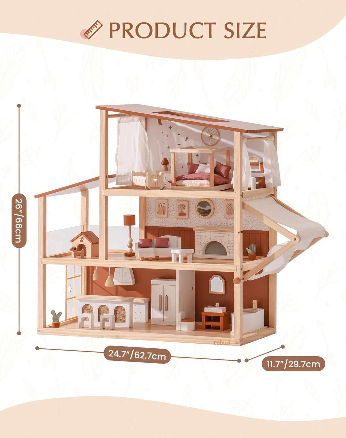 Robud wooden dollhouse bohemian, size and scale comparison