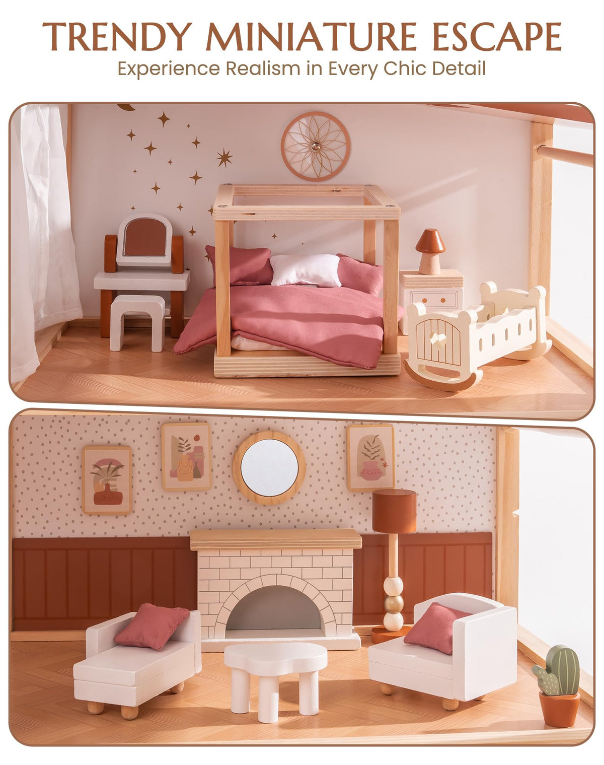 Robud wooden dollhouse bohemian, close-up of texture and finish