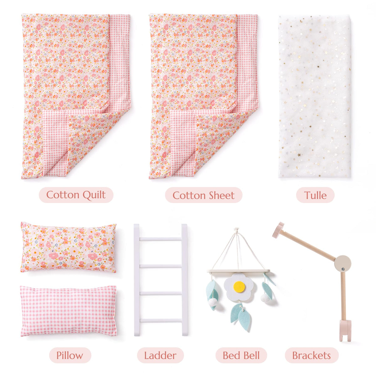 Accessories for the ROBUD princess doll bunk bed: two cotton quilts, two pillows, ladder, star bed bell, and brackets.
