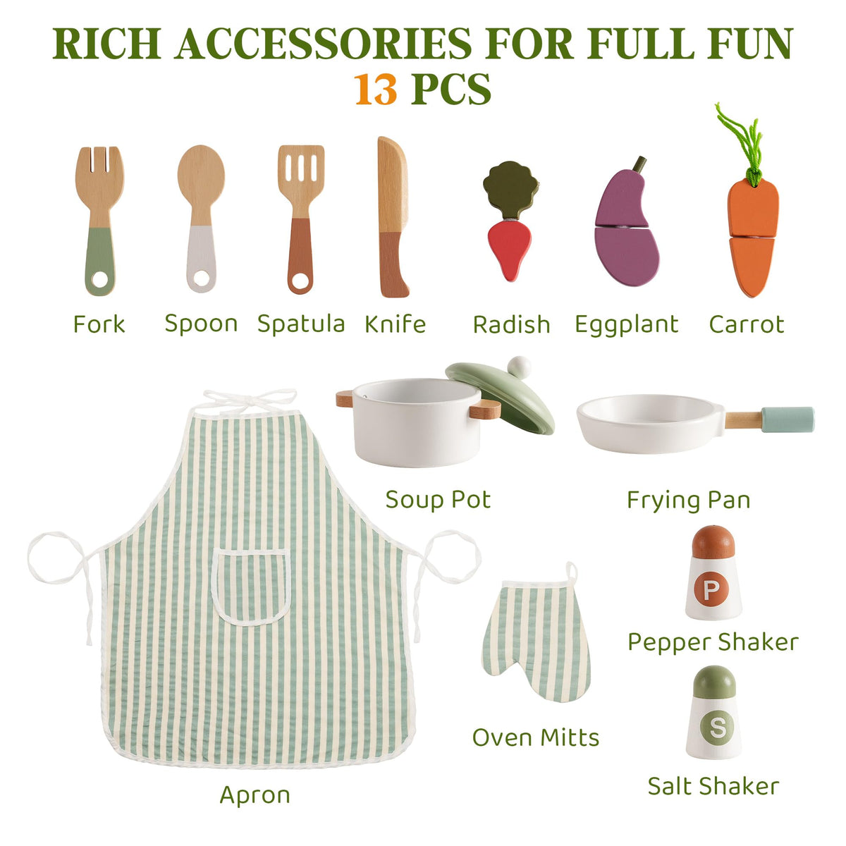 ROBUD Olivia kitchen 13-piece accessory set flat lay featuring apron, oven mitt, pots, utensils and toy vegetables