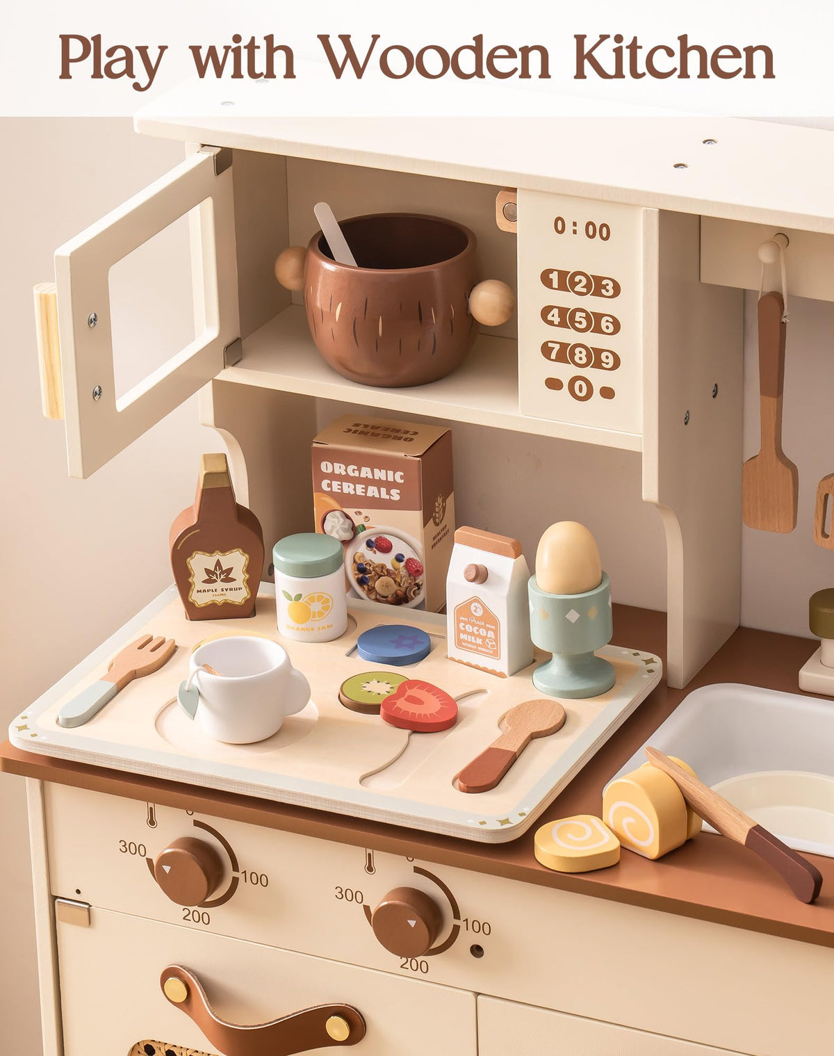 ROBUD wooden play food set 31-piece contents card showing oatmeal bowl, maple syrup and lemon curd