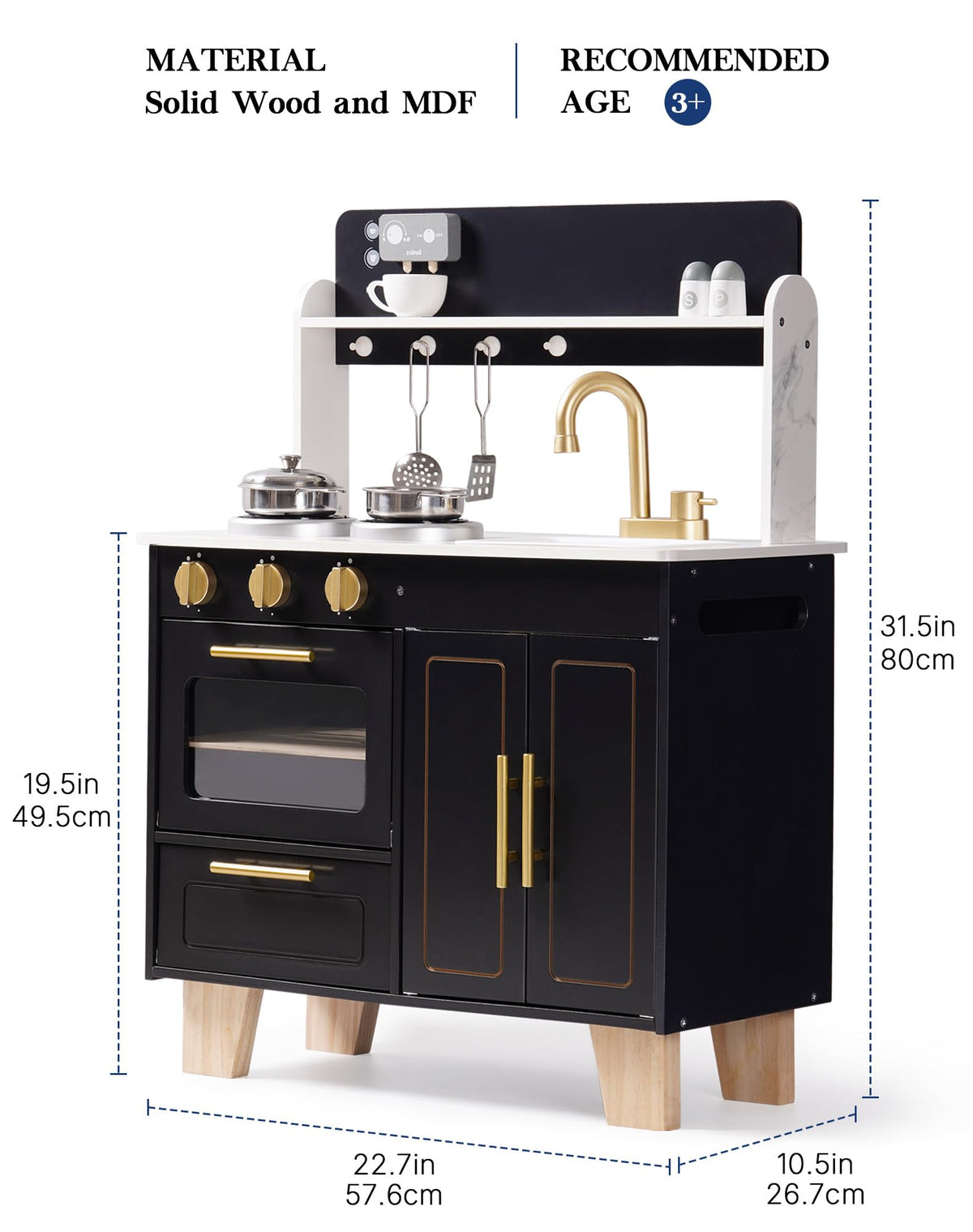 ROBUD obsidian wooden kitchen playset dimension diagram showing 22.7 by 10 by 37.5 inch size labeled