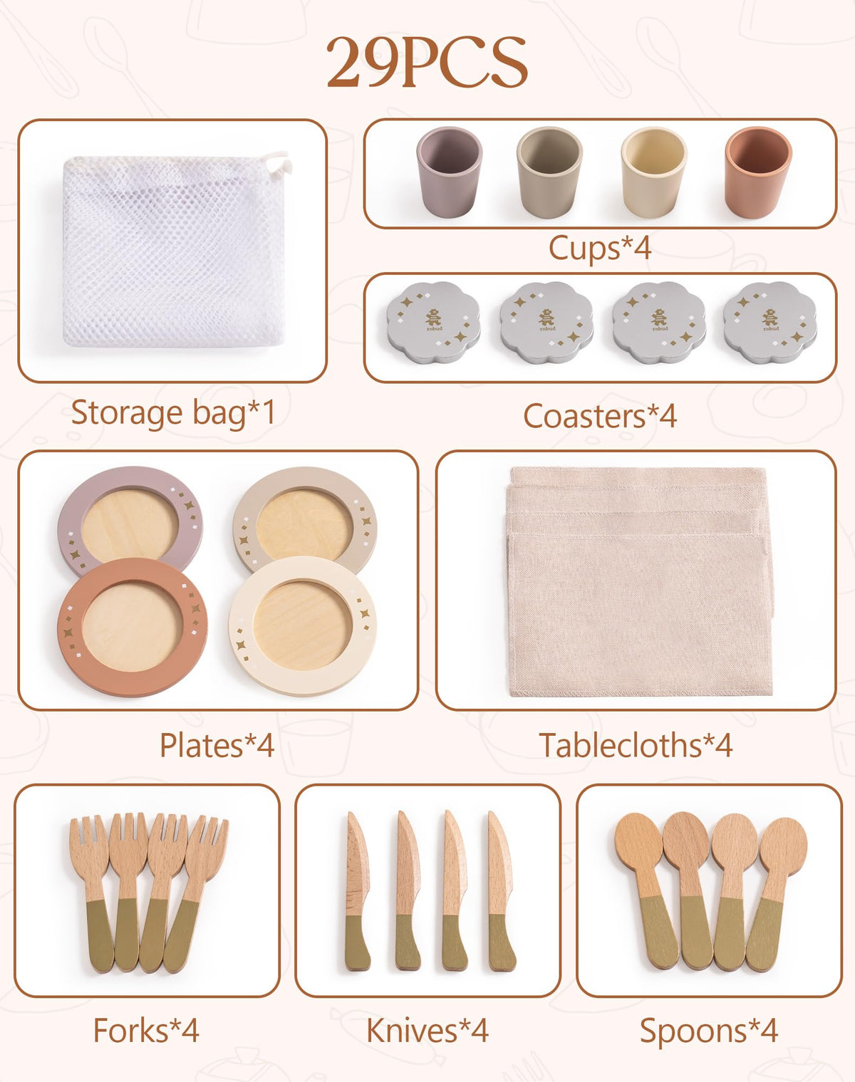 ROBUD wooden play dishes 29-piece contents card listing cups, coasters, plates, tablecloths and cutlery