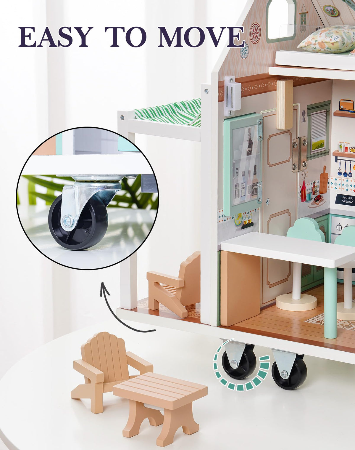 Robud wooden camper van dollhouse, in-use scene