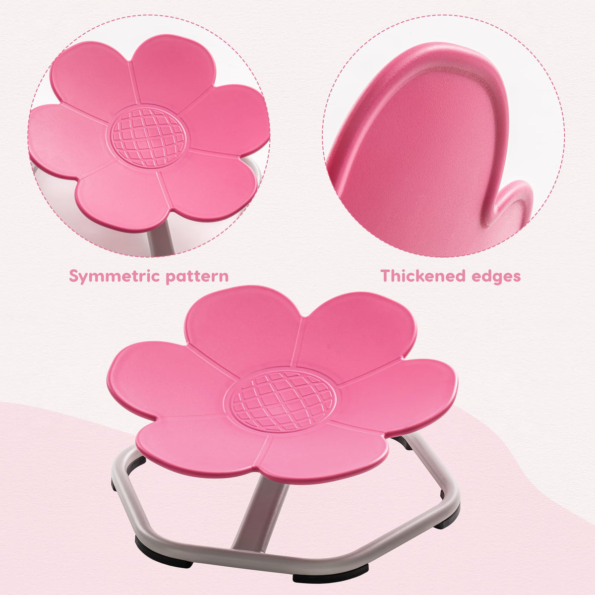 ROBUD Flower Swivel Chair sensory stimulation infographic showing four situations the blue chair helps address including lack of attention, poor balance, poor sense of direction and lack of patience