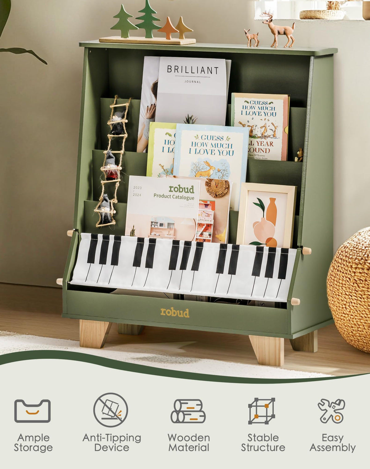 ROBUD Wooden Kids Bookshelf Piano green version multi-size storage and dual-front-back storage feature infographic showing the shelf arrangement with children's books and a close-up of the rear pocket