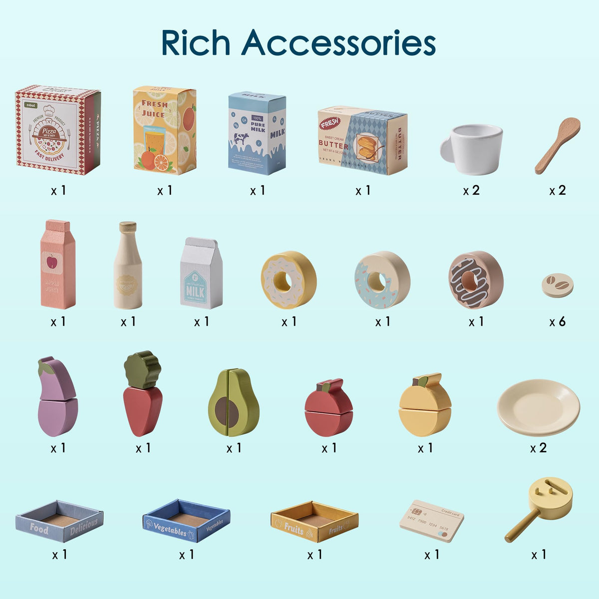 Robud wooden coffee shop playset, feature callouts and dimensions