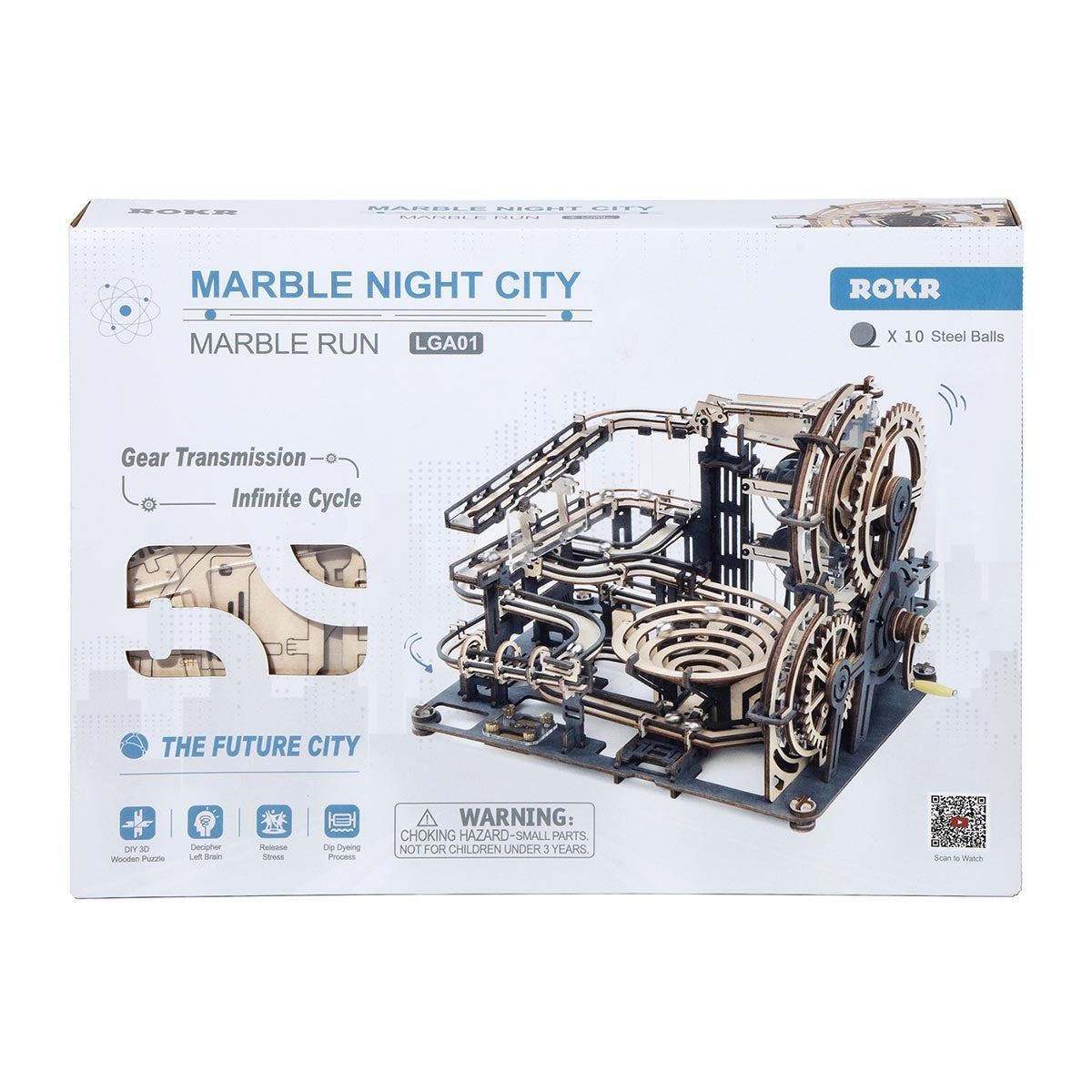 ROKR Marble Night City LGA01 packaging box with gear transmission and marble run features listed