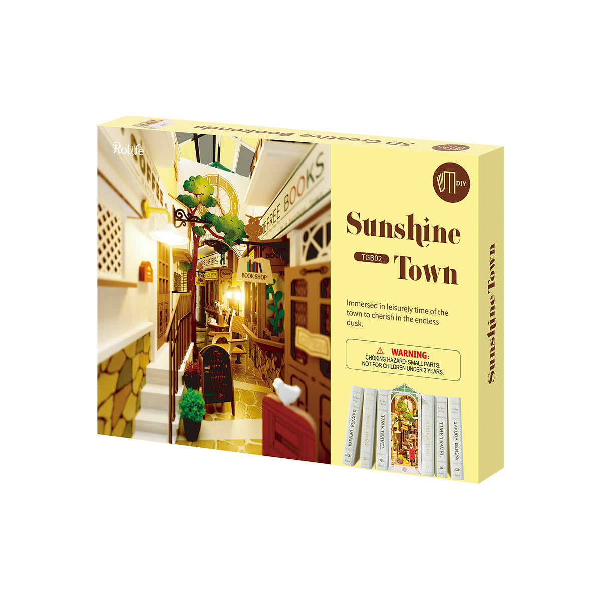 Rolife Sunshine Town book nook kit retail box in yellow with interior room preview and product specifications panel