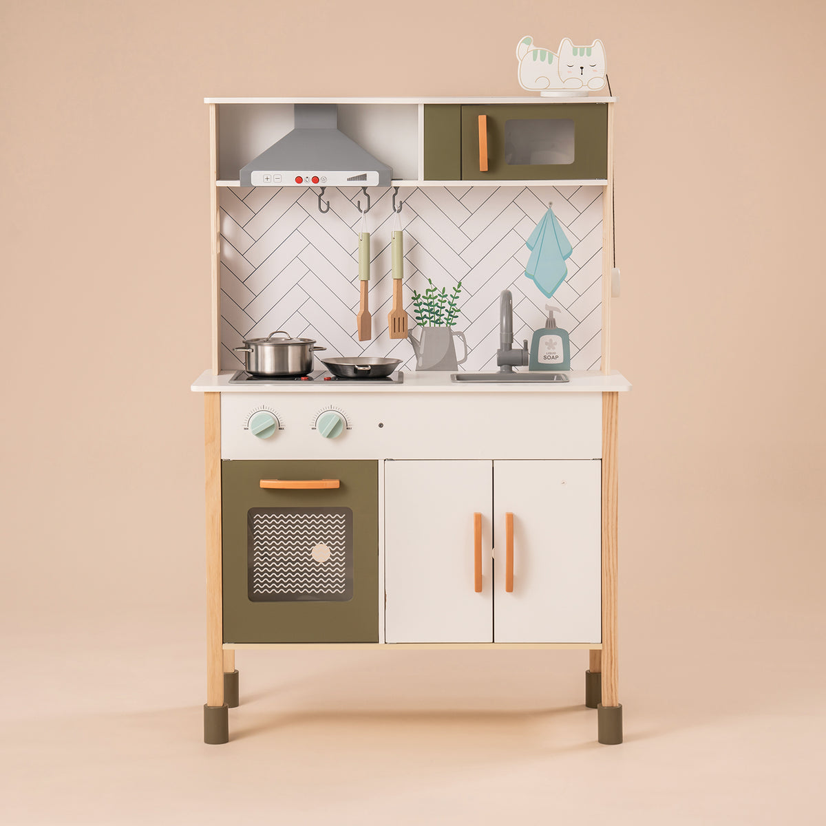 ROBUD wooden toddler play kitchen WG187 side view showing white hutch with herringbone tile backsplash and stovetop