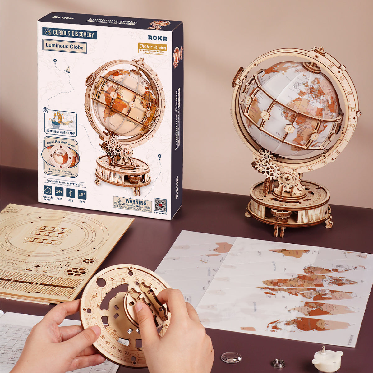 ROKR Luminous Globe 3D Wooden Puzzle ST003D (Electric Version) ST003D, side view highlighting structure and scale