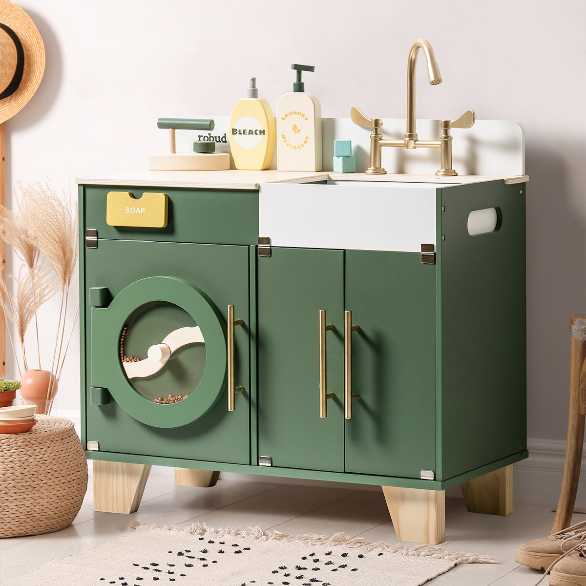 Robud vintage laundry play set with side-by-side washer and dryer compartments in cream wood.