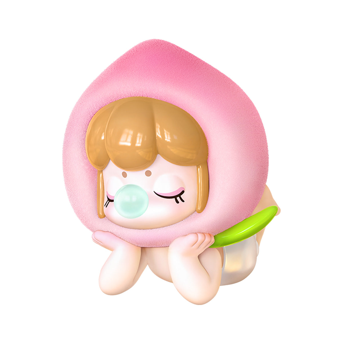 Rolife Nanci collectible figure with a red strawberry hat and mushroom shoe details wearing a green floral coat with rosy cheeks and bright green eyes on white background