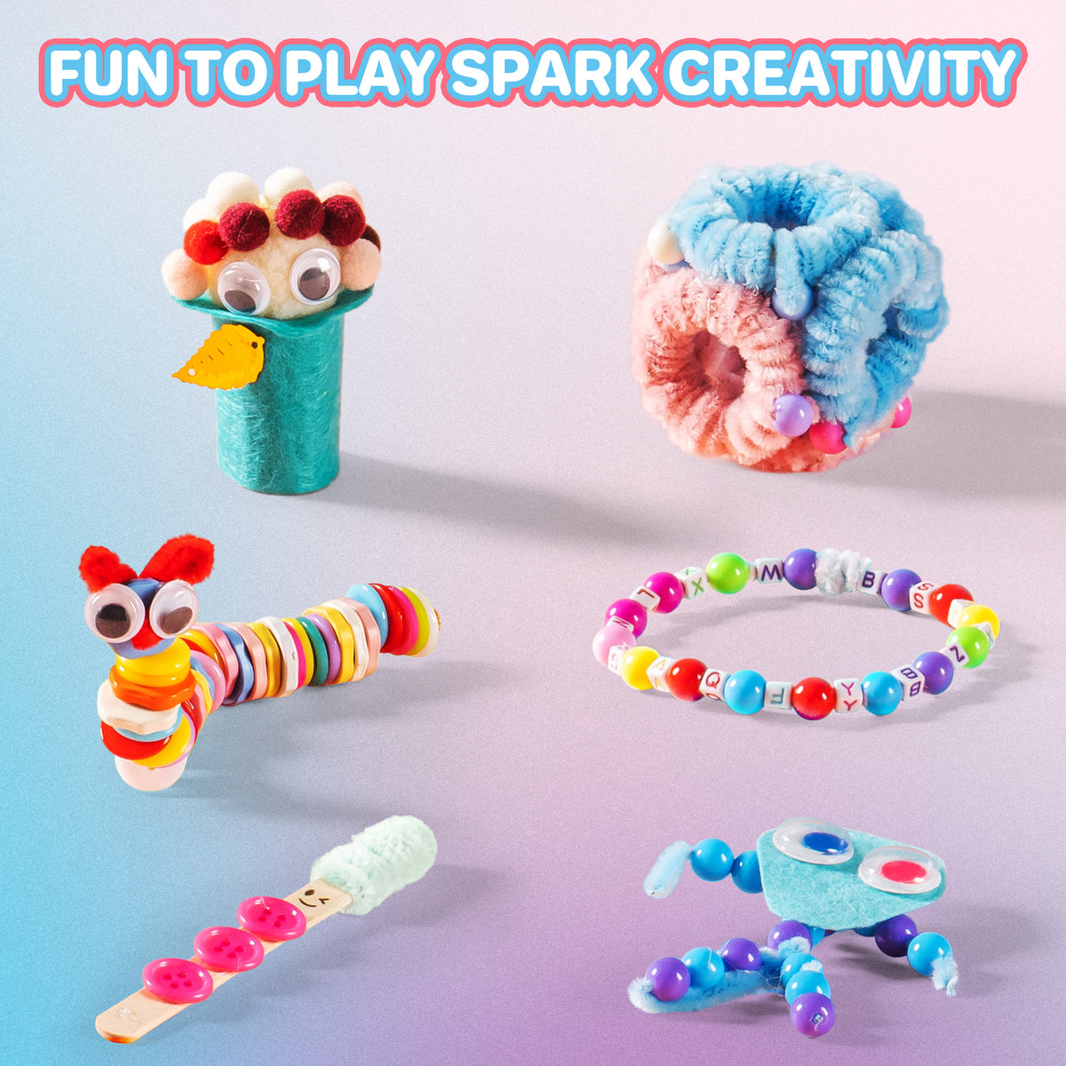 Robotime Arts and Crafts PA001 creative projects collage showing a pom-pom scrunchie, pipe cleaner caterpillar, letter bead bracelet, and popsicle craft on pink blue gradient
