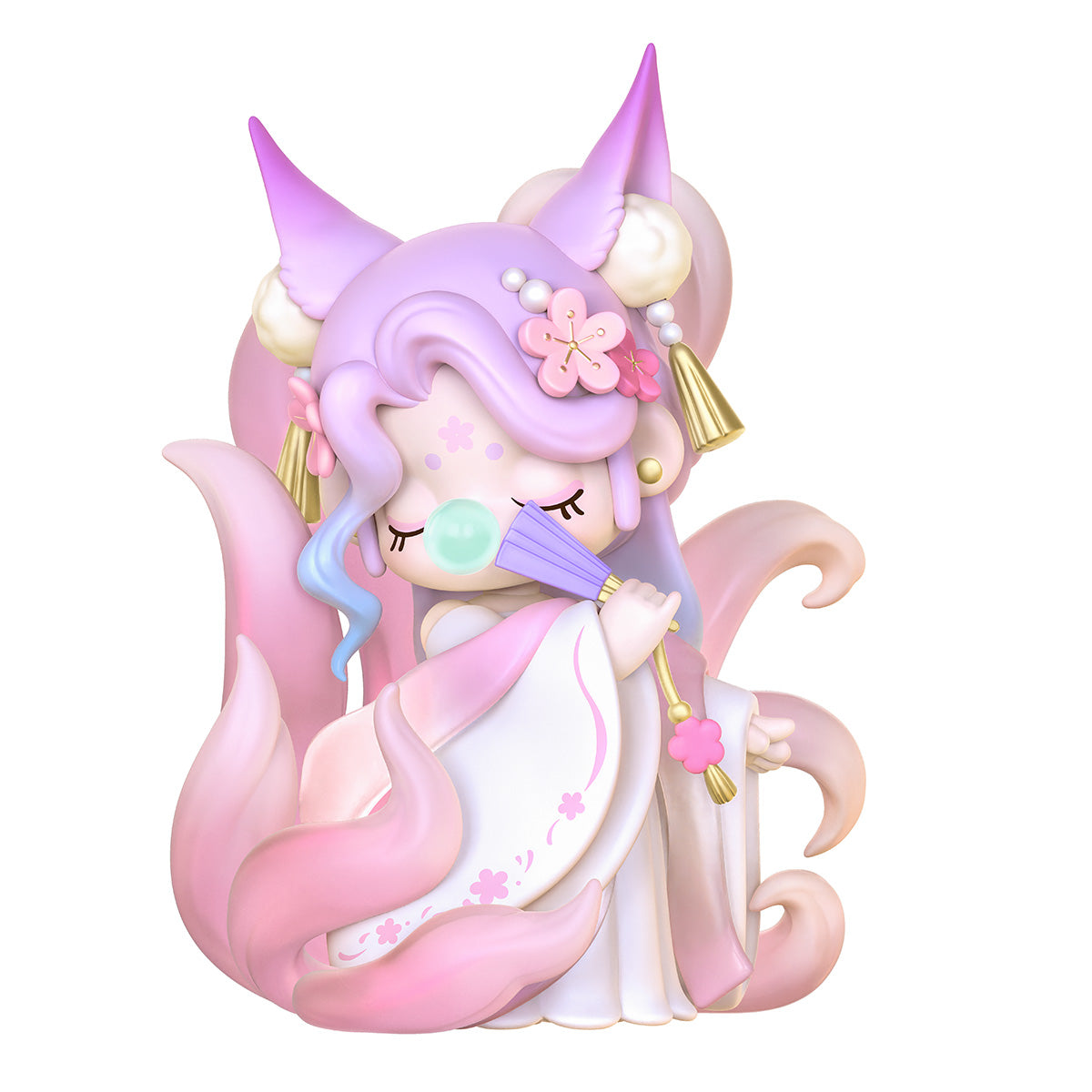 Rolife Nanci Museum of Fantasy collectible figure with mint green hair and a mermaid tail sitting inside an iridescent shell holding a conch shell surrounded by pearls