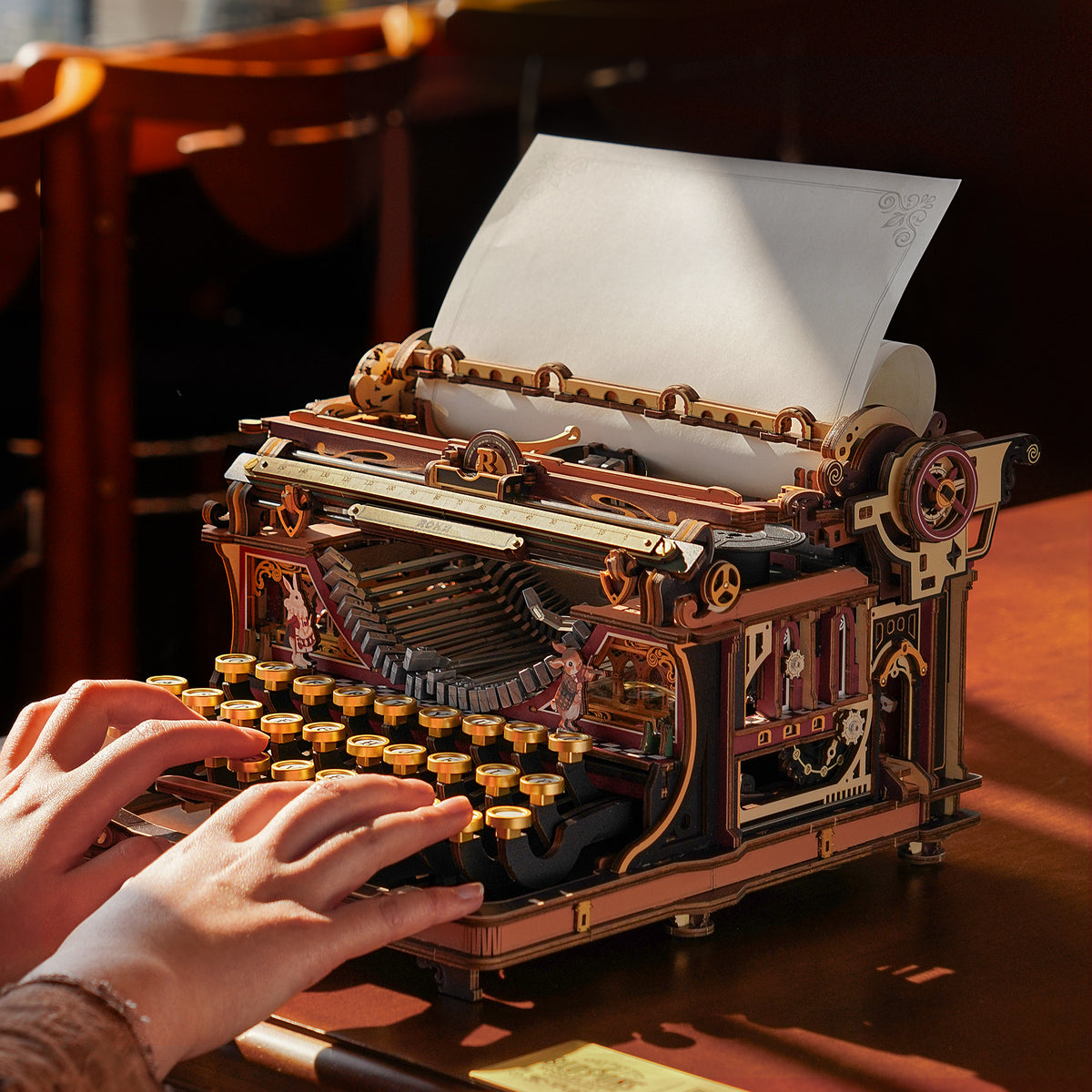 ROKR Mechanical Typewriter Wooden 3D Puzzle LK703C (Magic Version) LK703C, angled view showing detail and craftsmanship