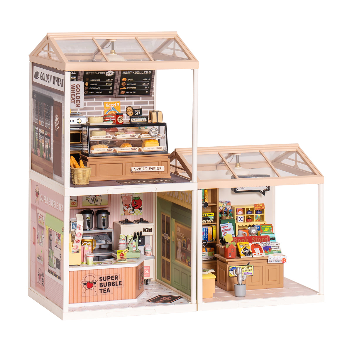 Rolife Super Creator 3 in 1 L Shape DIY miniature dollhouse kit, front view on a neutral background