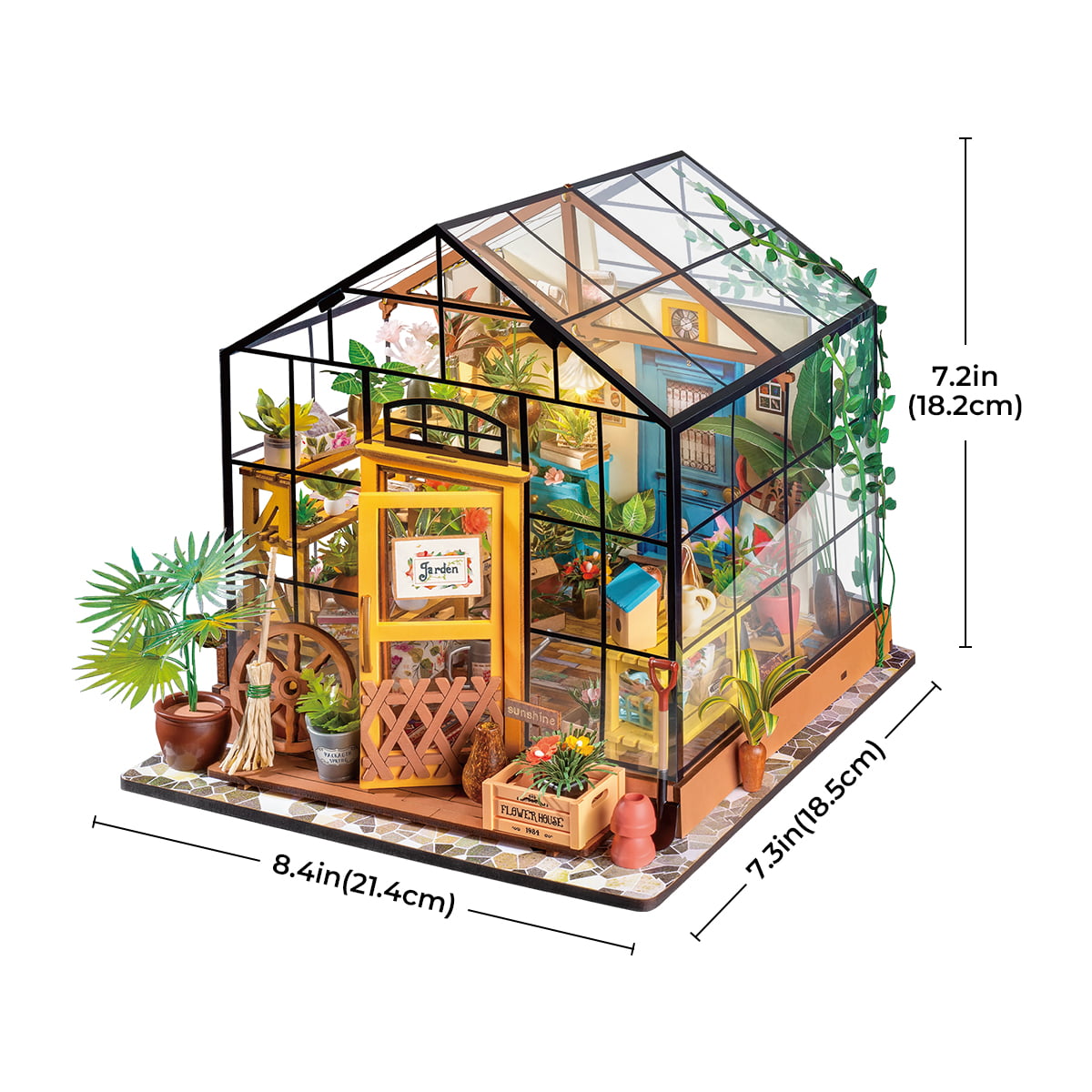 Rolife Cathy's Flower House DIY miniature with dimensions 8.4 by 7.2 inches labeled on outline diagram