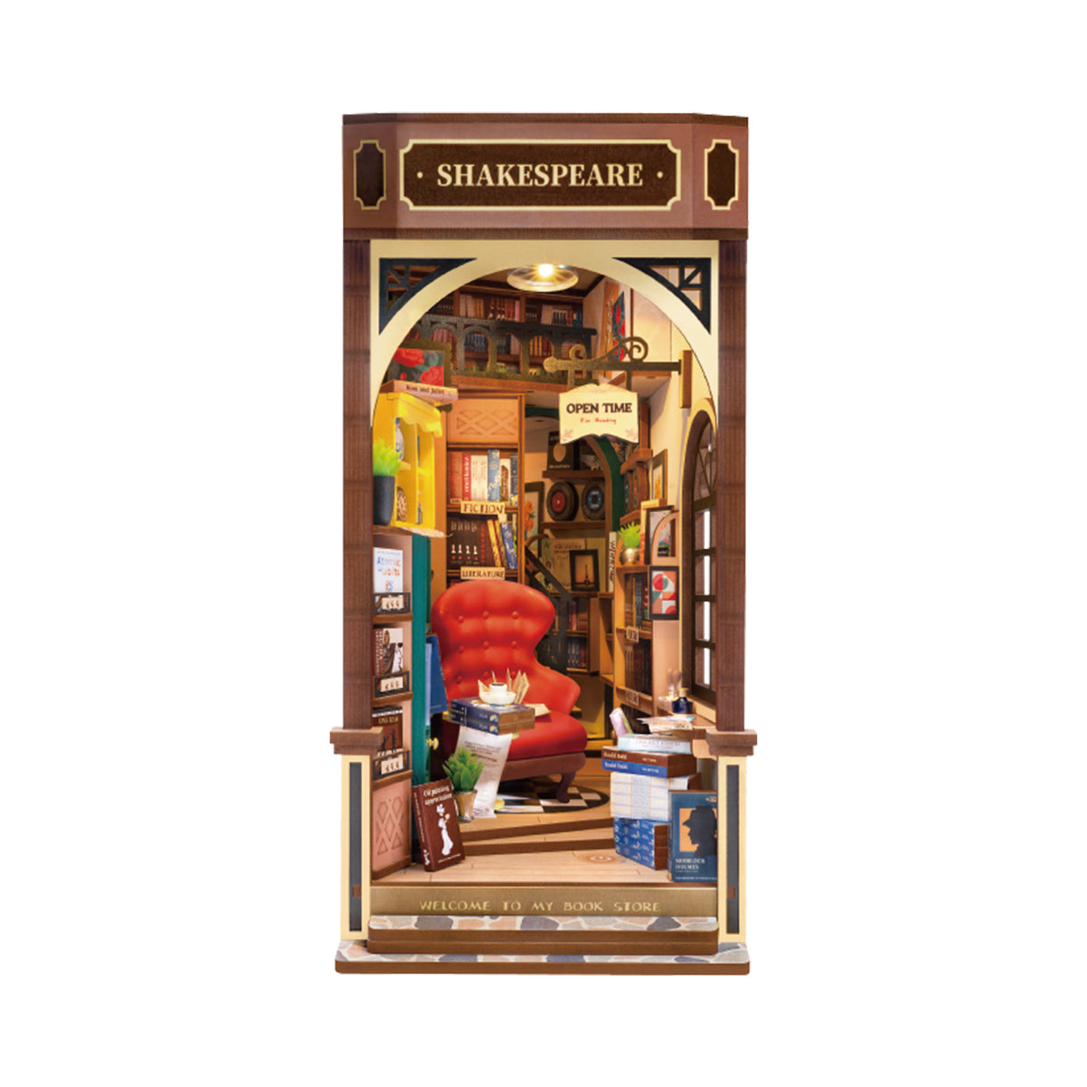 Rolife Bookstore Book Nook TGB07 DIY book nook miniature kit, interior cutaway showing inner mechanism