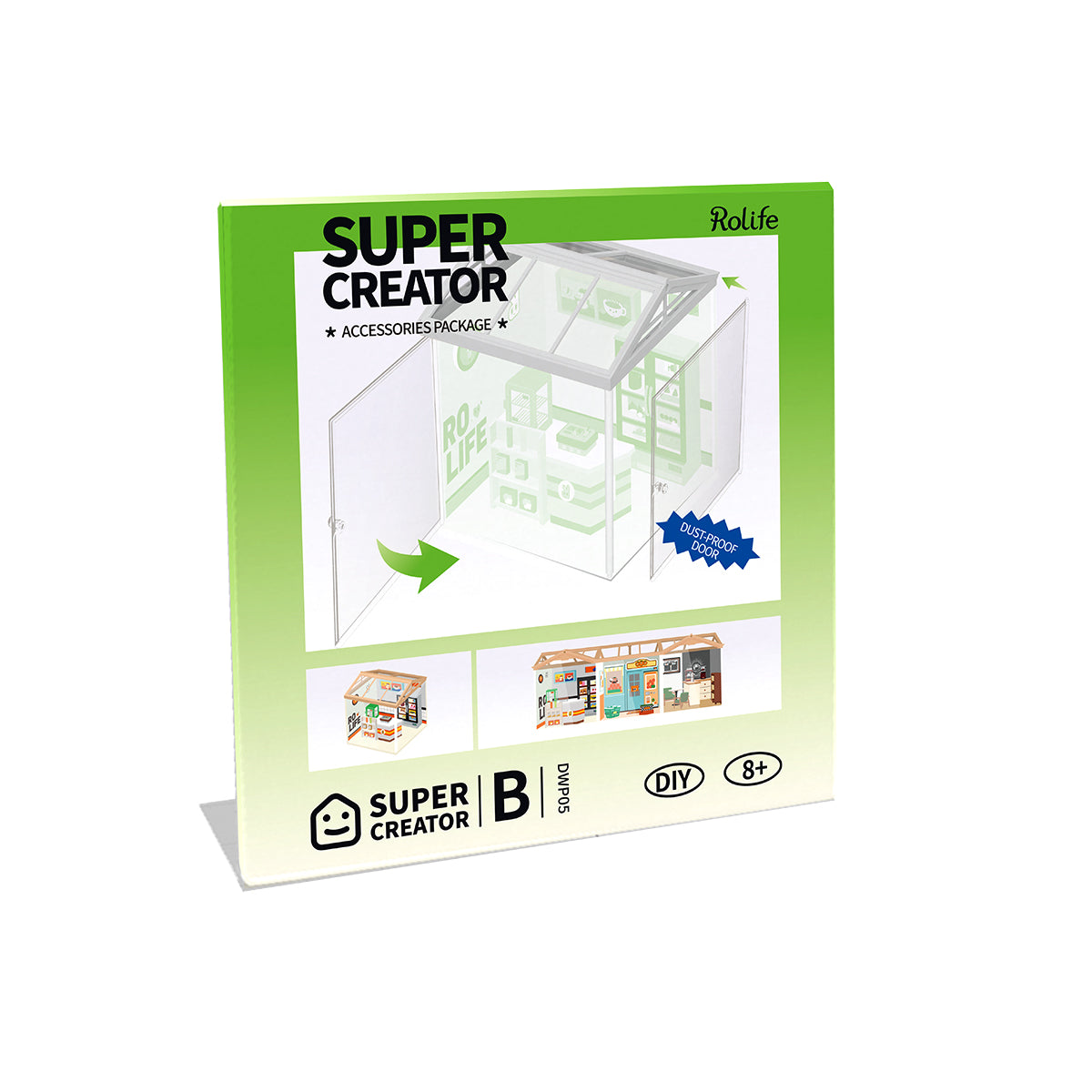 Rolife Roof and Dust-proof Door accessory for Super Creator miniature houses showing the clear acrylic cover with a