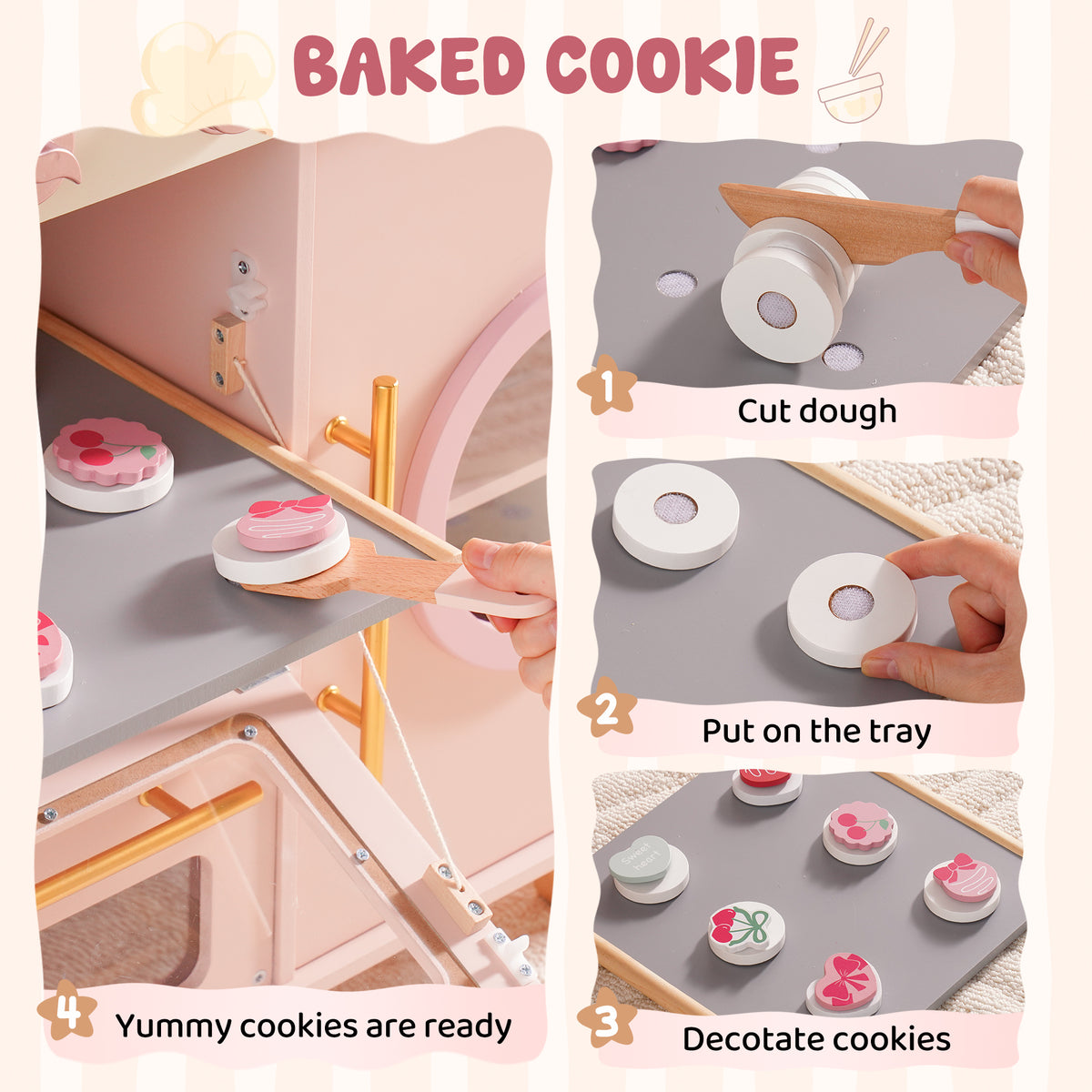 ROBUD Pink Baking Kitchen baked cookie feature showing dough cutting, placing on tray, baking and decorating cookie steps