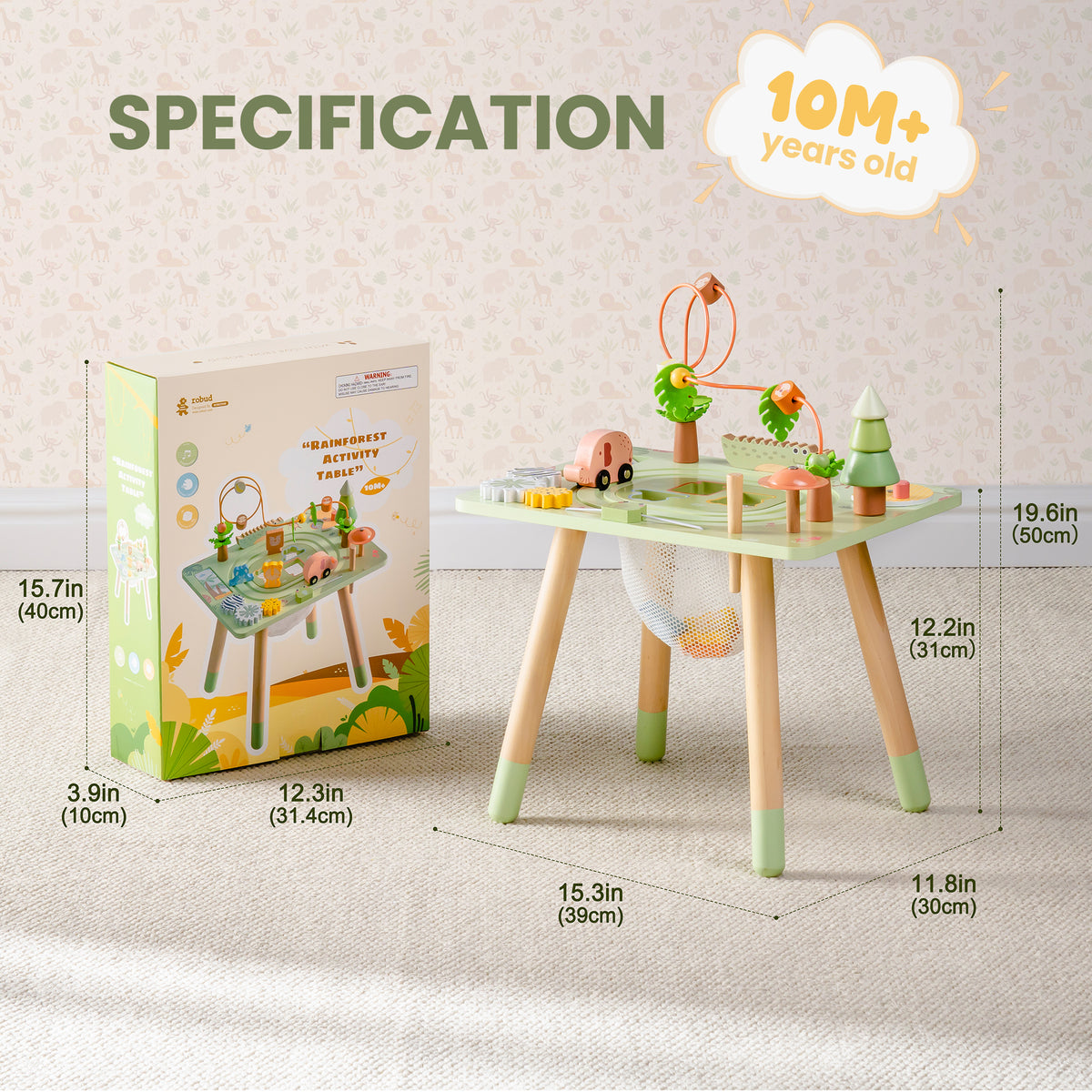 ROBUD 11 in 1 Wooden Rainforest Activity Table specification card showing 15.7 by 13.3 by 12.5 inch dimensions for 10 months plus